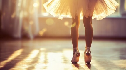 A ballet dancer in a tutu and ballet shoes is dancing in a studio. The light shines from behind. We see the dancer's back.
