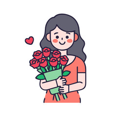 Cute girl holding a bouquet of red roses with a floating heart colorful vector icon