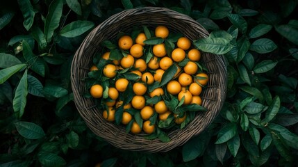 A basket full of tangerines with green leaves, seen from above.
