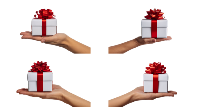 Hand holding white gift box with red ribbon isolated on white background
 - Powered by Adobe