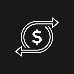 Dollar Sign in Circle with Circular Arrows on Black Background, Representing Cashback or Money Exchange, White Outline Icon