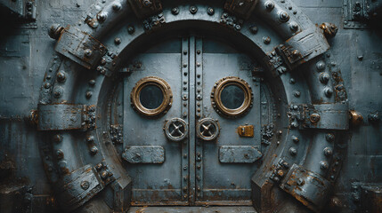 a steel door with portholes and rivets, resembling a submarine or bunker entrance, featuring a rotary valve lock and bulletproof design