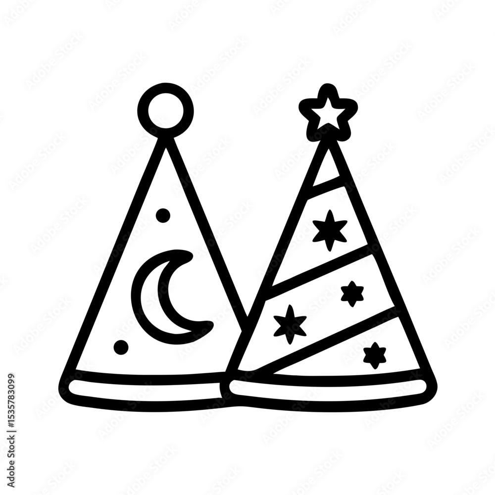 Poster vector graphic depicting two party hats with crescent moon and stars colorful vector icon
