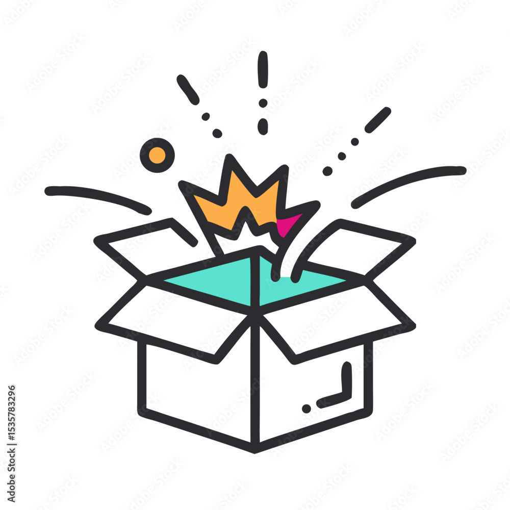 Poster delivering the unexpected an open box with an exciting surprise inside colorful vector icon