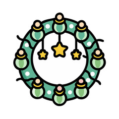 Festive Holiday Wreath with Ornaments and Dangling Stars for Christmas Celebrations colorful vector icon
