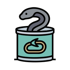 Snake emerging from a can, humorous and playful cartoon illustration colorful vector icon