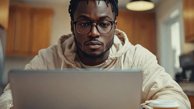 Man Working On Laptop In Kitchen