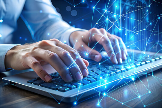 Hands typing on keyboard with floating digital code - Powered by Adobe