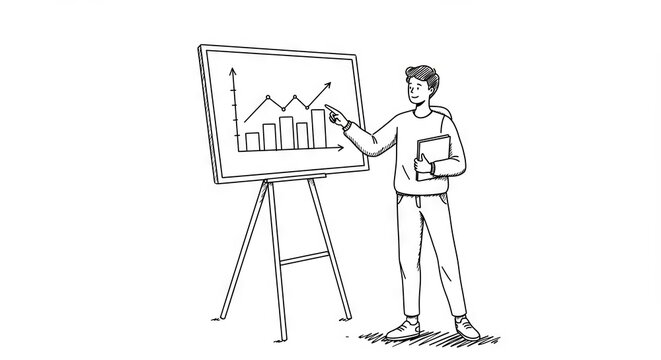 Young male student presenting data trends with hand on chart, simple sketch style, black and white background, educational concept of schools or tutoring services
