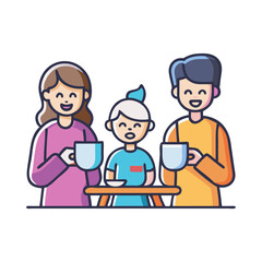 Cartoon illustration of a smiling family having breakfast together at the table colorful vector icon