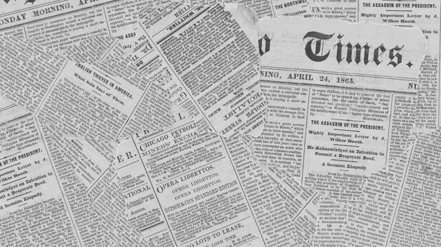 Vintage newspaper page detailing historical events and headlines from 1865