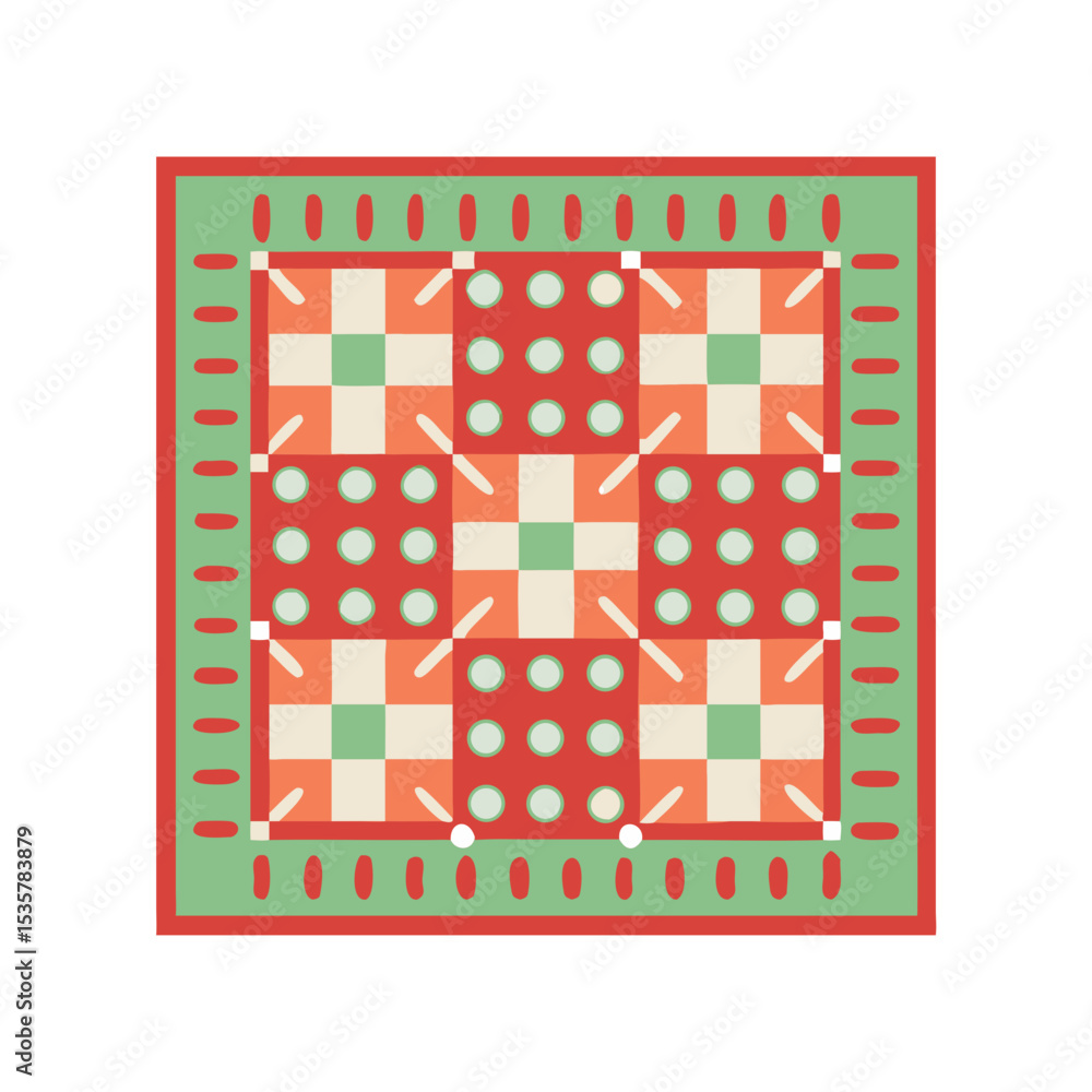 Poster decorative square with checkerboard and circular motifs for textile design colorful vector icon