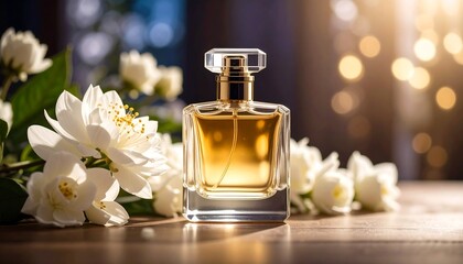 Perfume bottle surrounded by jasmine flowers