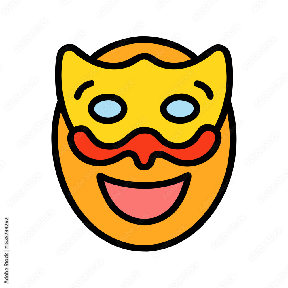 Poster a smiling emoji wearing a comical mask with whimsical features colorful vector icon