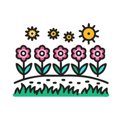 Colorful and cheerful cartoon illustration of flowers and sun in a garden colorful vector icon