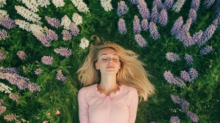 A pretty woman in pink is relaxing in a field of green grass and lupine flowers during spring or summer. She's blonde and lying on her back, enjoying the view from above.
