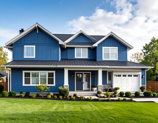 Modern blue house with white trim