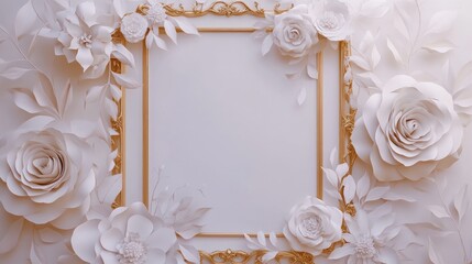 Ornate white paper flowers arranged around a gold picture frame.