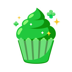 Festive Green Cupcake with Shamrock Accents and Sparkling Decorations Illustration colorful vector icon