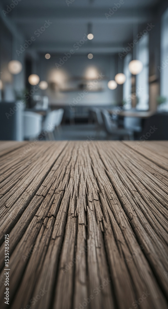 Aufkleber close-up of brown wood texture, showing grain and cracks, with blurred cafe background suggesting a 
