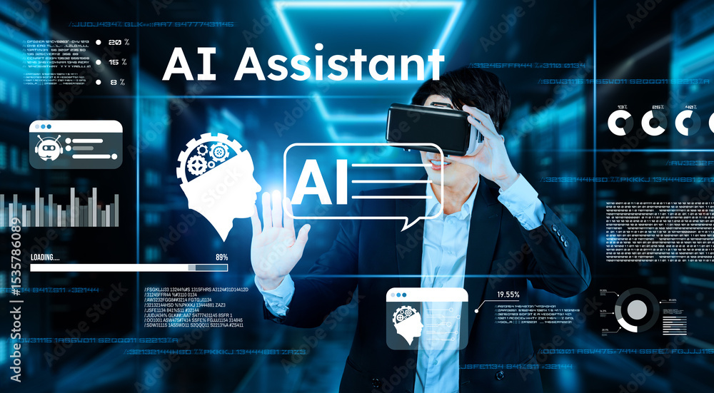 Poster businessman with headset standing at data center while using ai assistance. project manager pointing