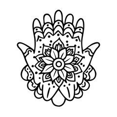Intricate hand drawn Hamsa design with a central floral mandala pattern colorful vector icon