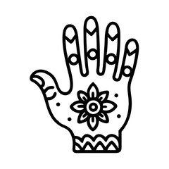 Fototapeta premium Simple black and white graphic of a henna decorated hand design colorful vector icon