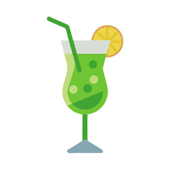 Minimalist Green Cocktail Illustration with Lemon Slice and Straw in Glass colorful vector icon