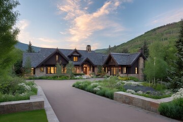 Luxury home exterior design evening on white background