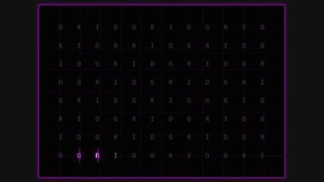 Futuristic Grid Energy Animation Featuring Glowing English Alphabet Letters with Purple Neon Lines on a Dark Geometric Background