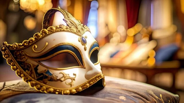 Elegant white and gold ornate Venetian mask resting on a patterned cushion with a blurred luxurious background for a festive event
