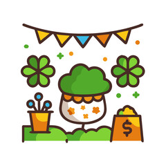 Cheerful St Patricks Day Illustration with Shamrocks Gold and Festive Bunting colorful vector icon