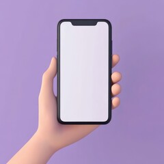 3D cartoon render of a hand holding a smartphone with a blank white screen, against a purple background