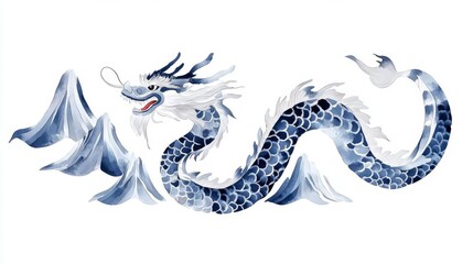 A beautifully crafted illustration of a blue dragon amidst majestic mountains, symbolizing power and elegance.