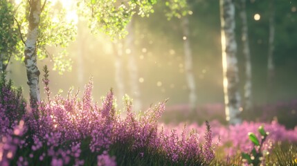 Nice sunlight on heather flowers near a birch forest after rain in Hulshorsterheide, Netherlands.
