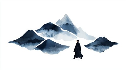 A serene figure walking through misty mountains, symbolizing tranquility and introspection in nature.