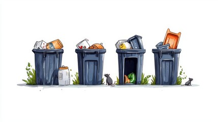 Illustration of overflowing garbage bins highlighting waste management challenges and environmental concerns.