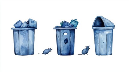 Illustration of trash cans with mice, highlighting waste management and urban wildlife in an environmental context.