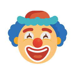 Stylized Clown Face with Big Smile and Blue Hair and Red Nose colorful vector icon
