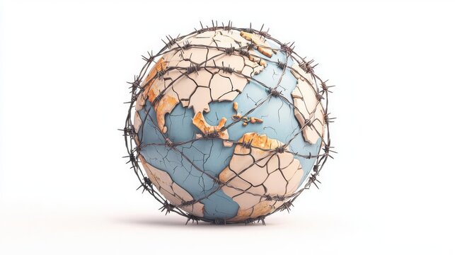A globe covered in barbed wire, representing division and barriers in the world, highlighting social issues globally.