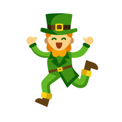 Happy cartoon Leprechaun with green hat and suit jumping with joy colorful vector icon