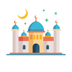 Flat design illustration of a mosque under a crescent moon and stars colorful vector icon