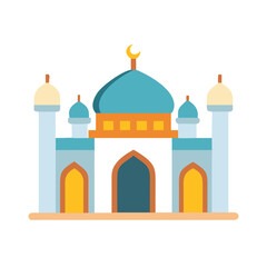 A Cartoon Mosque with domes and a crescent moon on top, centered colorful vector icon