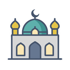 Cartoon style illustration of a mosque with a crescent moon on top colorful vector icon