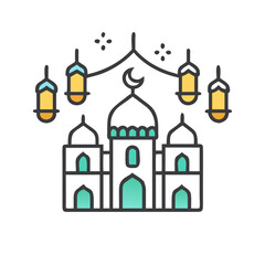 Fototapeta premium Eid Mubarak colorful mosque and lanterns illustration, representing Islamic celebration colorful vector icon