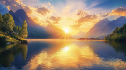 Obraz premium serene sunset landscape with golden hour light over calm lake and mountains