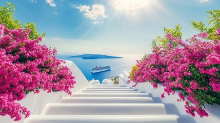 Panoramic view of a picturesque white stairway overlooking a scenic ocean vista, featuring vibrant pink bougainvillea.