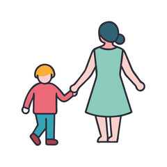 A stylized illustration of a mother and child holding hands while walking colorful vector icon