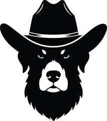 Cowboy-themed dog head vector with white background with Solid silhouette

