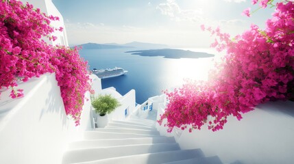 Stunning pink bougainvillea cascading down white steps overlooking a tranquil sea.
